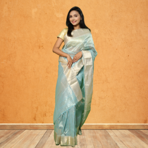 Maheshwari Silk by Cotton Saree with Light Skyblue and Golden Strips