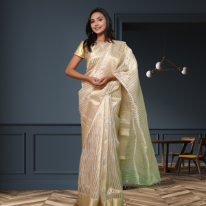 Maheshwari Silk by Cotton Saree with White and Golden Strips