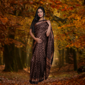 Jute Silk Saree with Digital print and Dark Brown colour