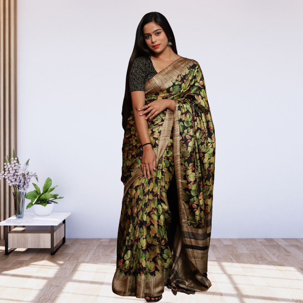 Jute Silk Saree with Digital print and Black colour