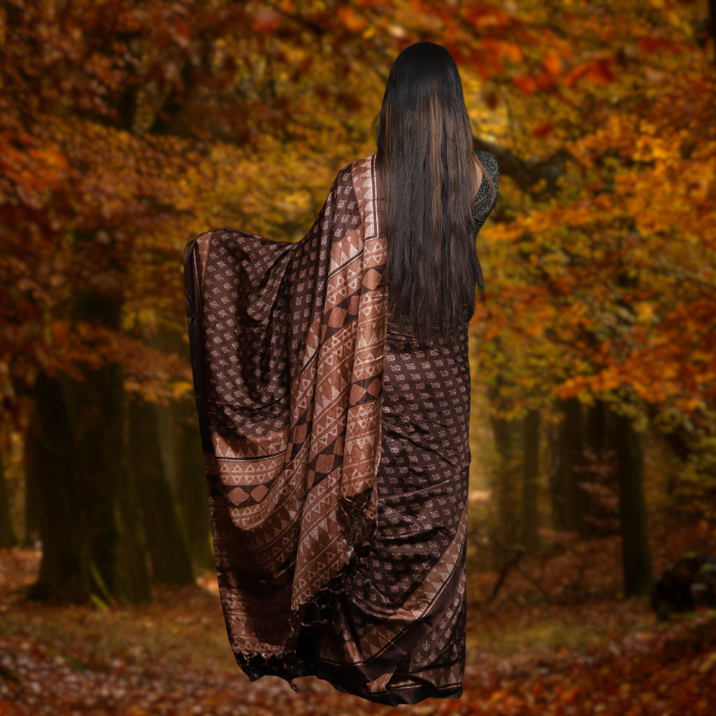 Jute Silk Saree with Digital print and Dark Brown colour - Image 2