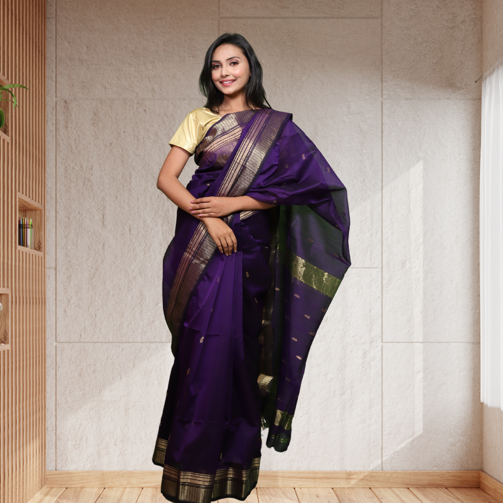 Maheshwari Silk by Cotton saree with Bootie and Purple colour - Image 2