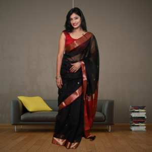 Maheshwari Silk by Cotton Arrow Bootie Black Saree