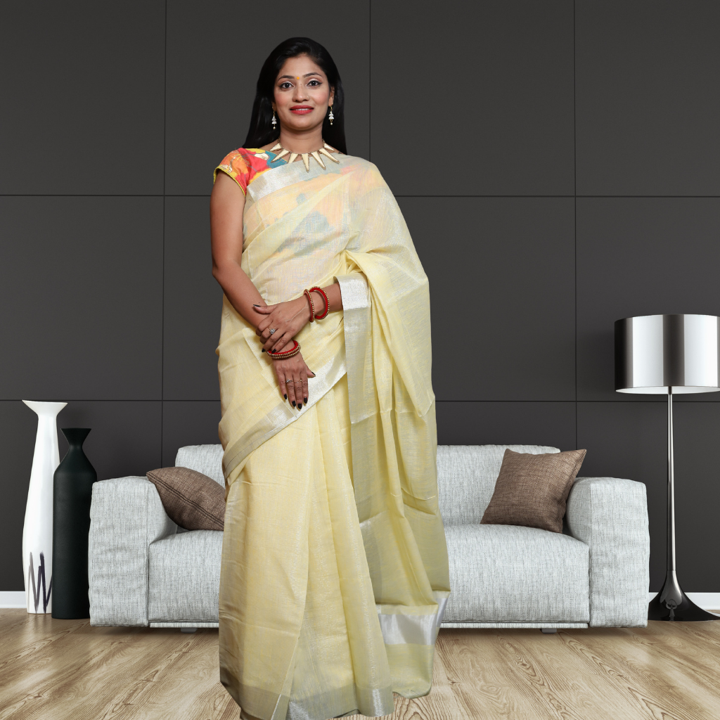 Tissue Linen Saree-Light Lemon colour