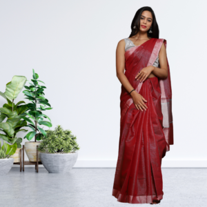 Tissue Linen Saree -Dark Red colour