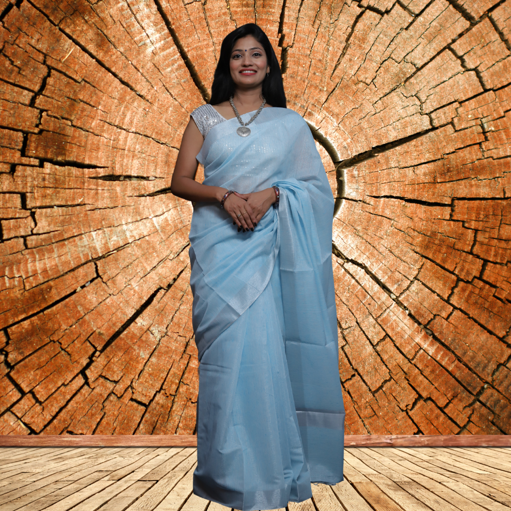 Tissue Linen Saree- Light Blue
