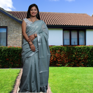 Tissue Linen Saree -Green Grey colour