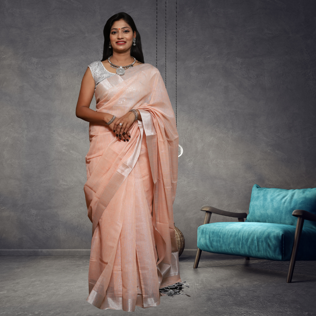 Tissue Linen Saree- Peach colour