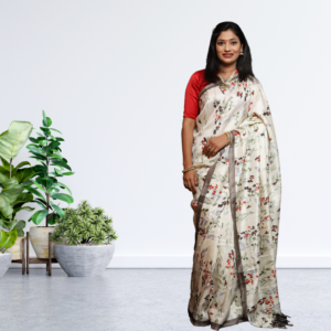 Jute Silk Saree with Digital print and Off white colour
