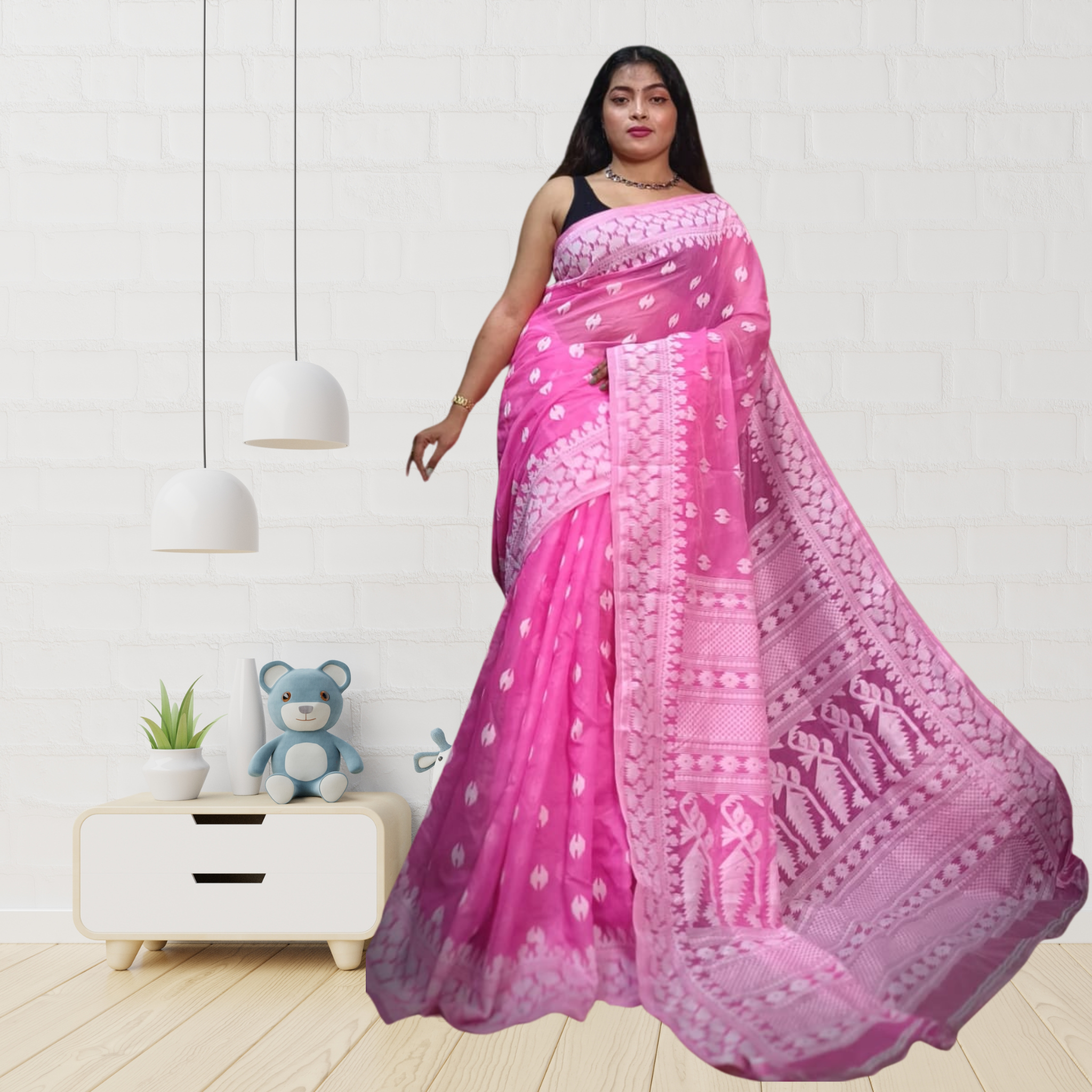 Jamdani Saree with Thread Work and Pink Colour