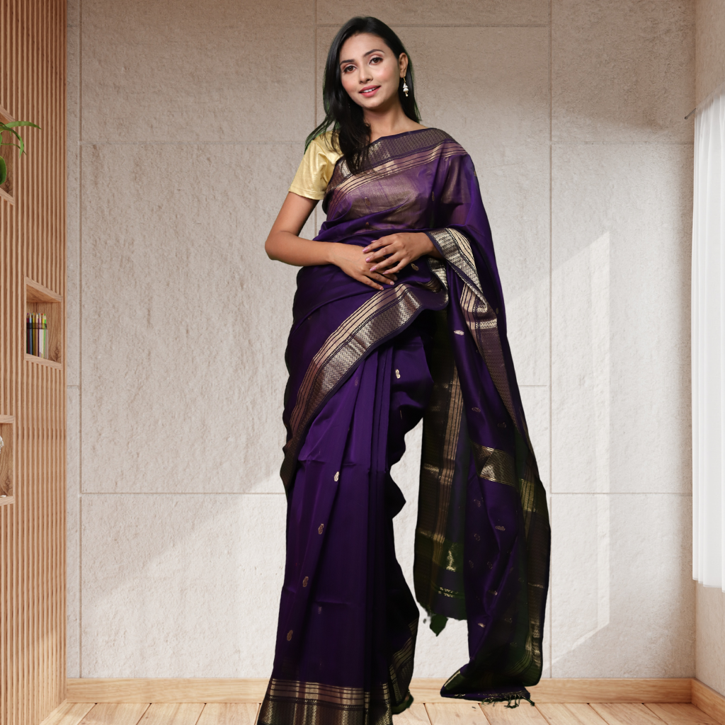 Maheshwari Silk by Cotton saree with Bootie and Purple colour - Image 3