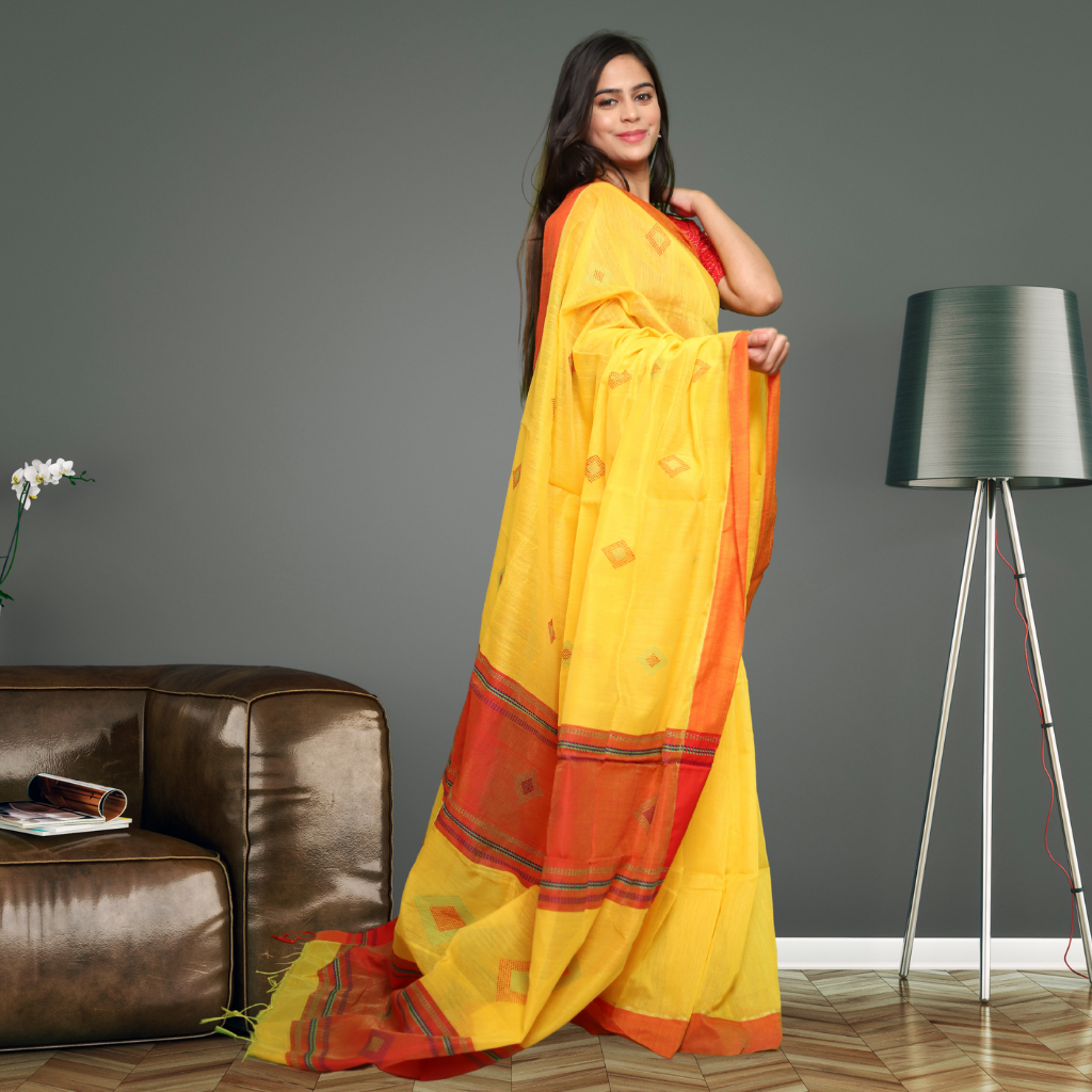 Handloom Cotton Silk saree -Yellow colour - Image 2