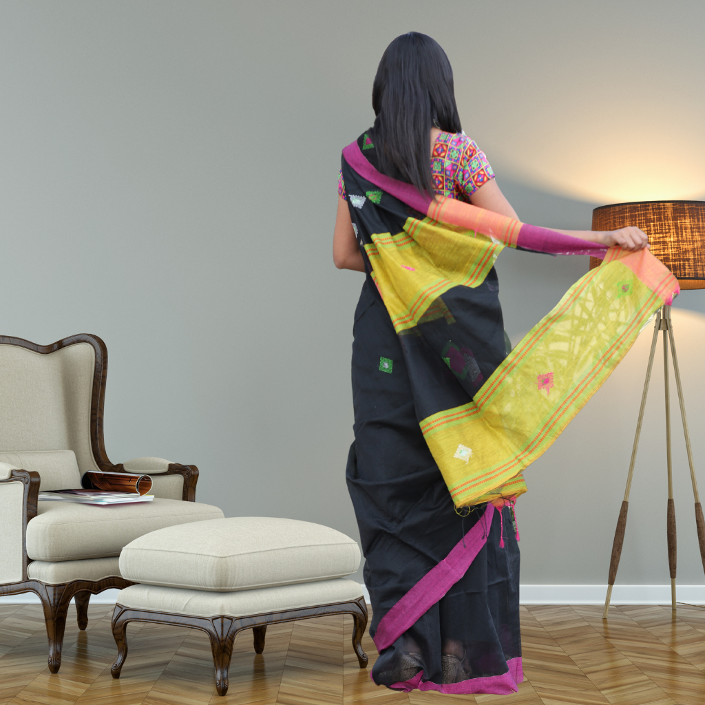 Handloom Cotton Silk saree -Black colour - Image 2