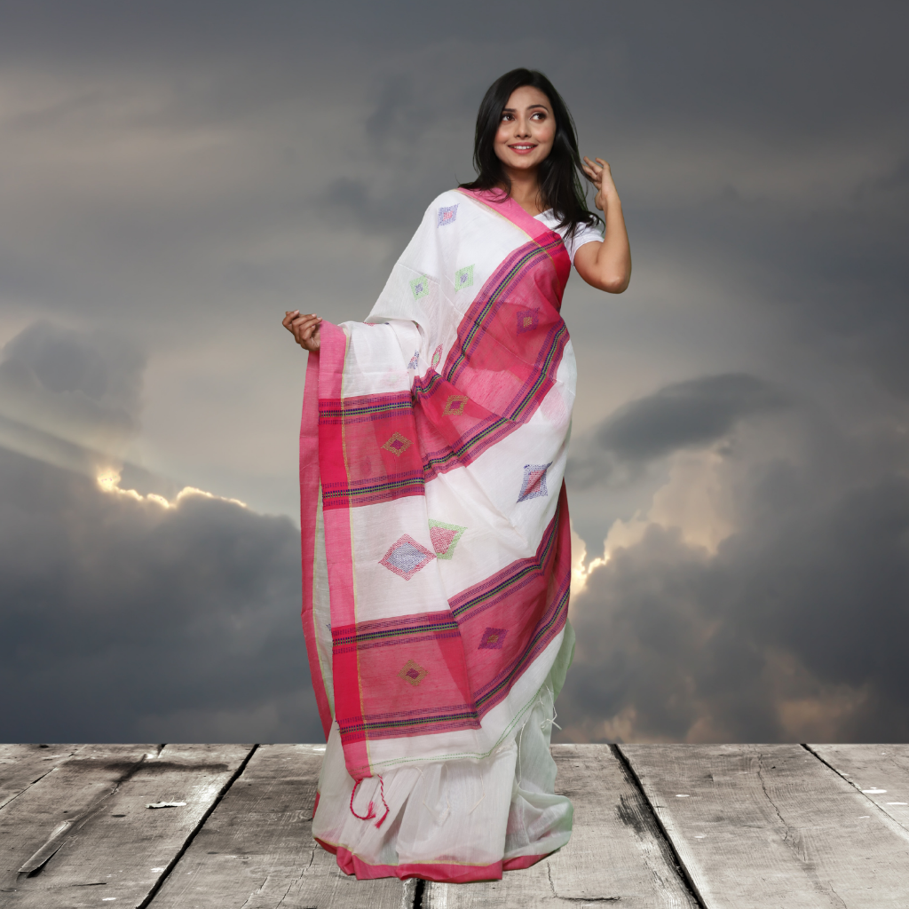 Handloom Cotton Silk saree - White colour - Image 2