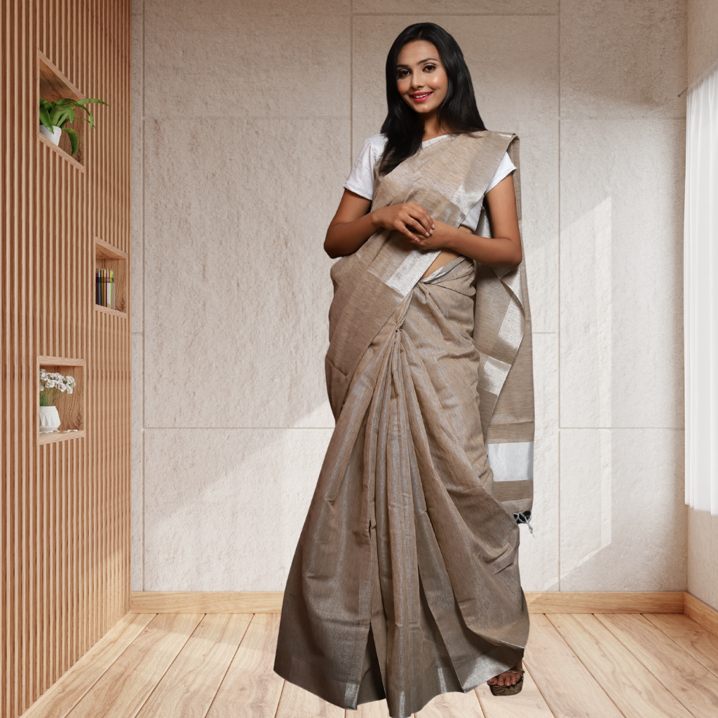 Tissue Linen Saree-Light Brown colour - Image 2