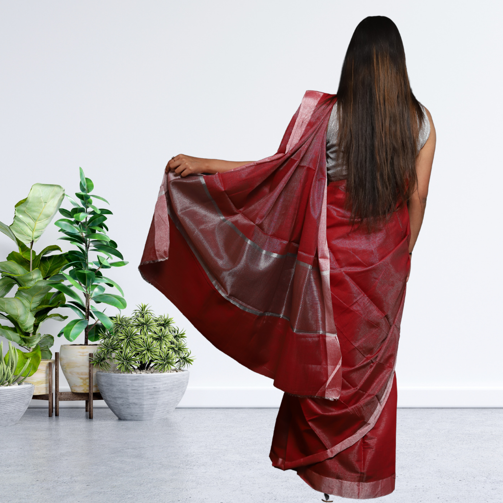 Tissue Linen Saree -Dark Red colour - Image 2