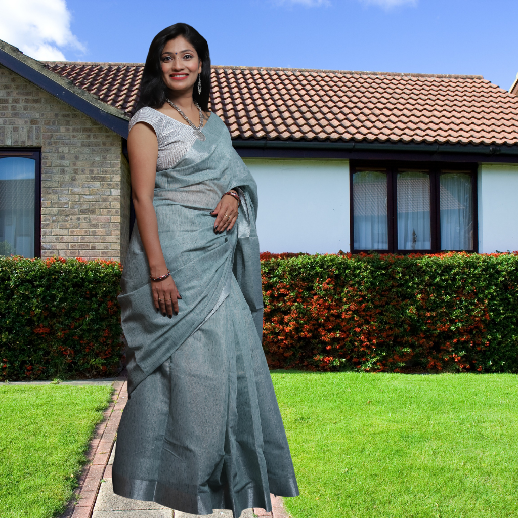 Tissue Linen Saree -Green Grey colour - Image 2