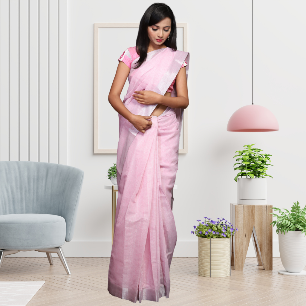 Tissue Linen Saree -Light Pink colour - Image 3