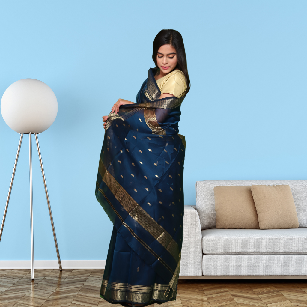 Maheshwari Silk by Cotton Saree with Bootie and Dark Blue colour - Image 3