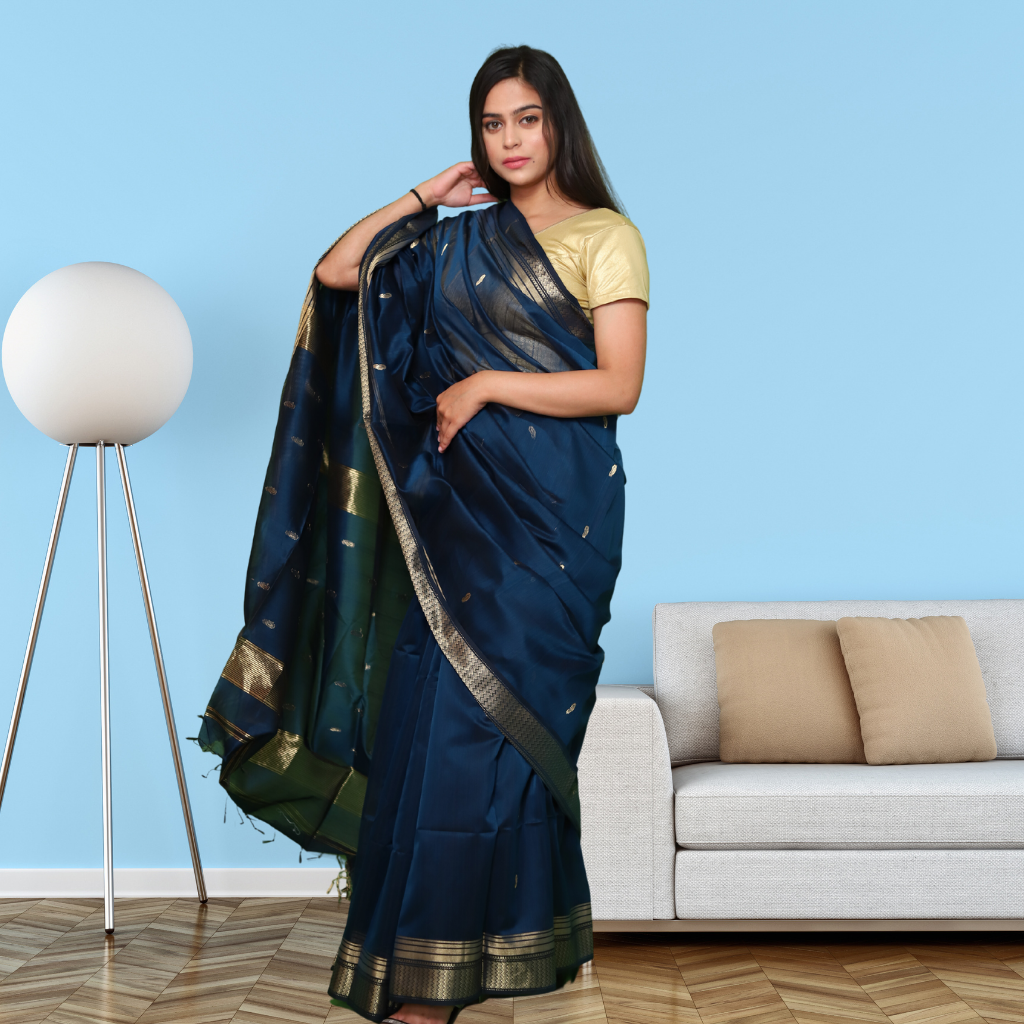 Maheshwari Silk by Cotton Saree with Bootie and Dark Blue colour - Image 2