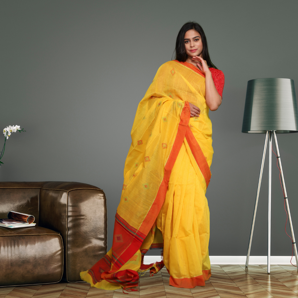 Handloom Cotton Silk saree -Yellow colour - Image 3
