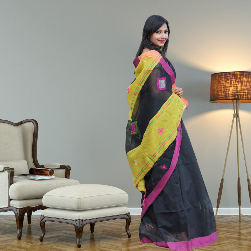 Handloom Cotton Silk saree -Black colour - Image 4