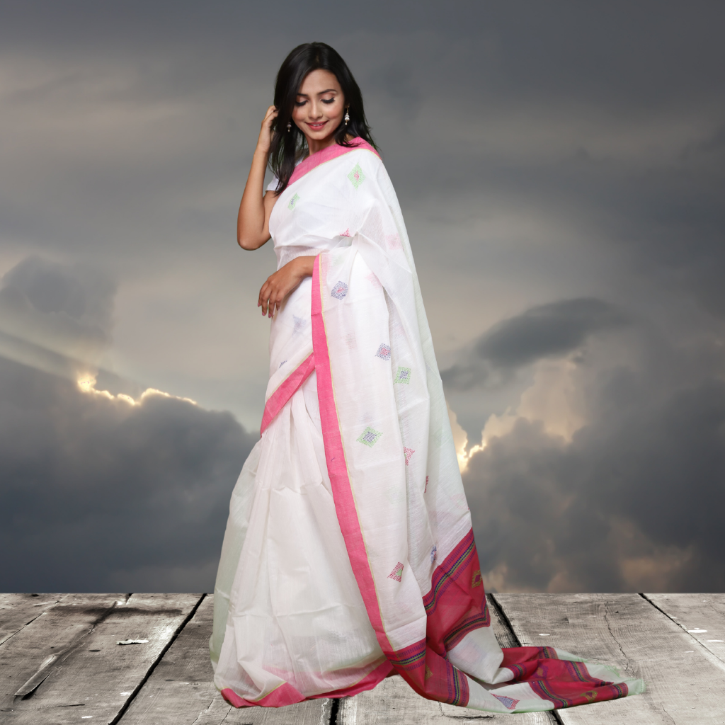 Handloom Cotton Silk saree - White colour - Image 3