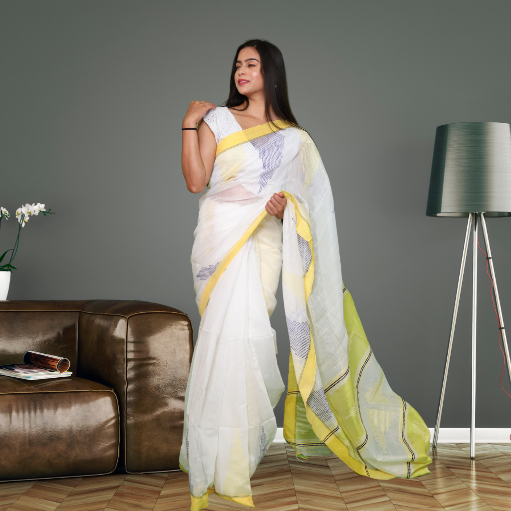 Handloom Cotton Silk saree -White colour - Image 2