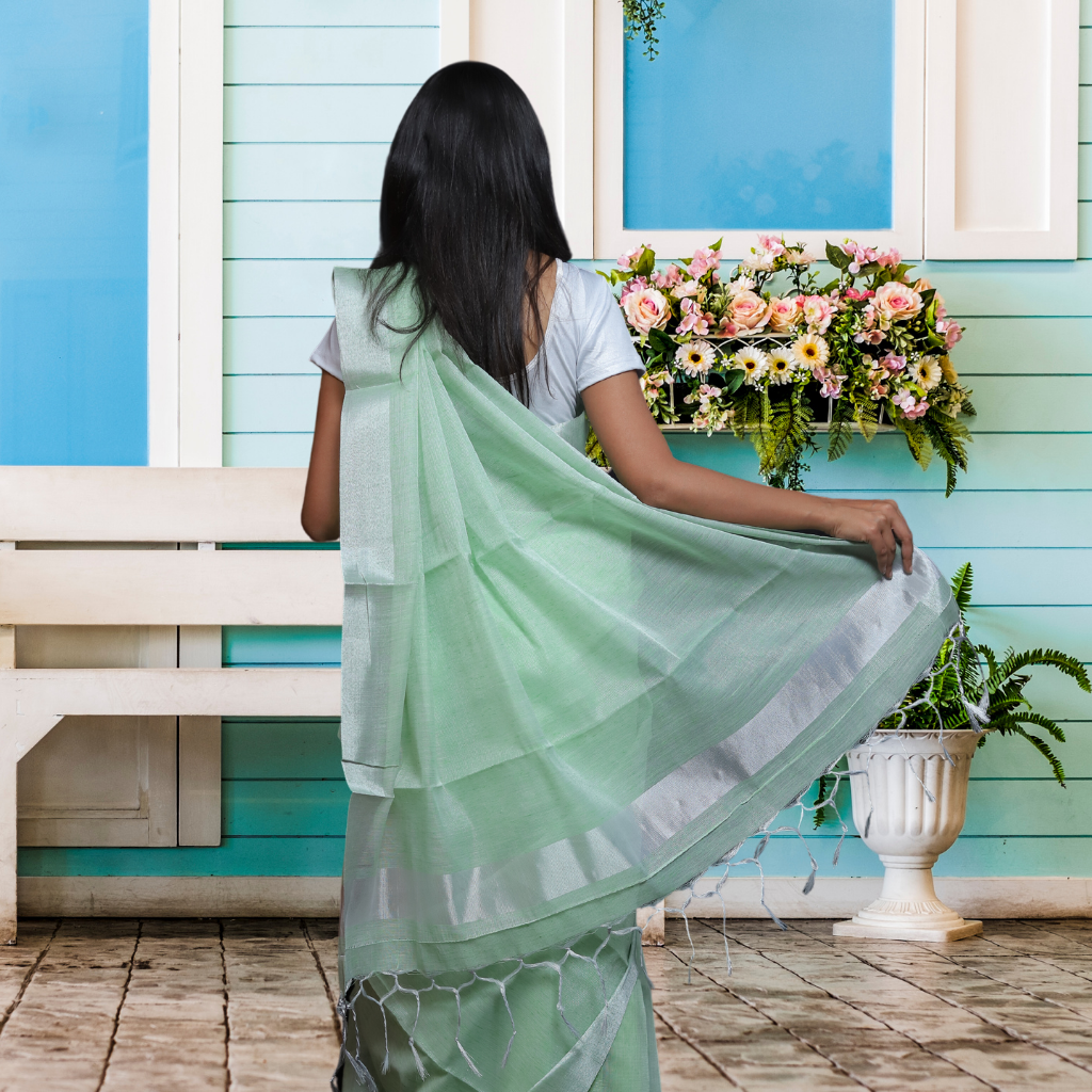 Tissue Linen Saree -Light Green colour - Image 2