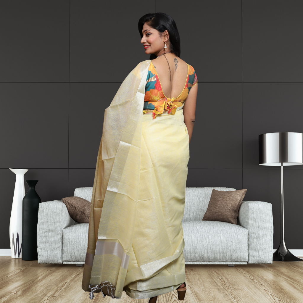 Tissue Linen Saree-Light Lemon colour - Image 3