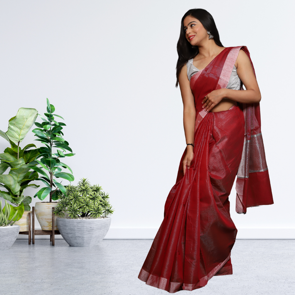 Tissue Linen Saree -Dark Red colour - Image 3