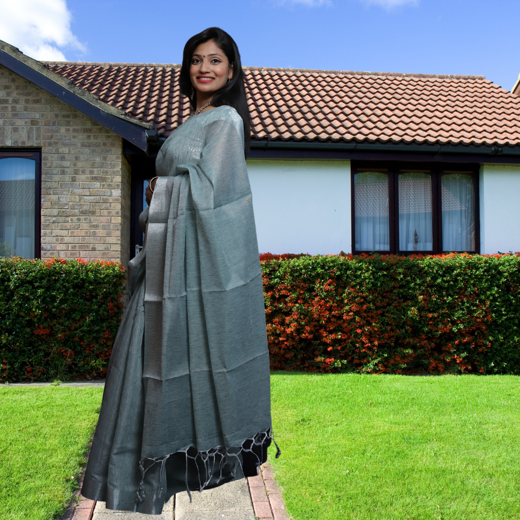 Tissue Linen Saree -Green Grey colour - Image 3