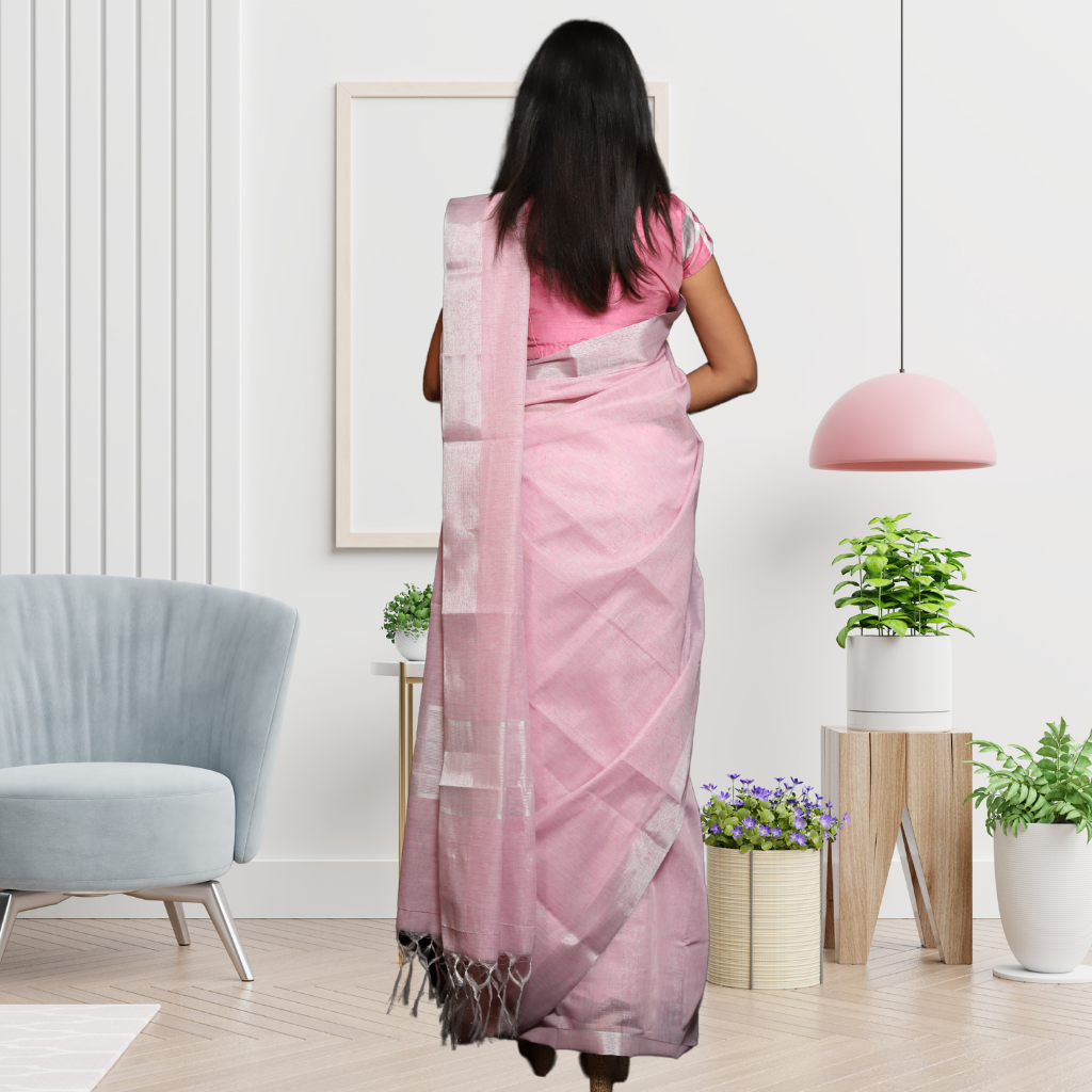 Tissue Linen Saree -Light Pink colour - Image 4