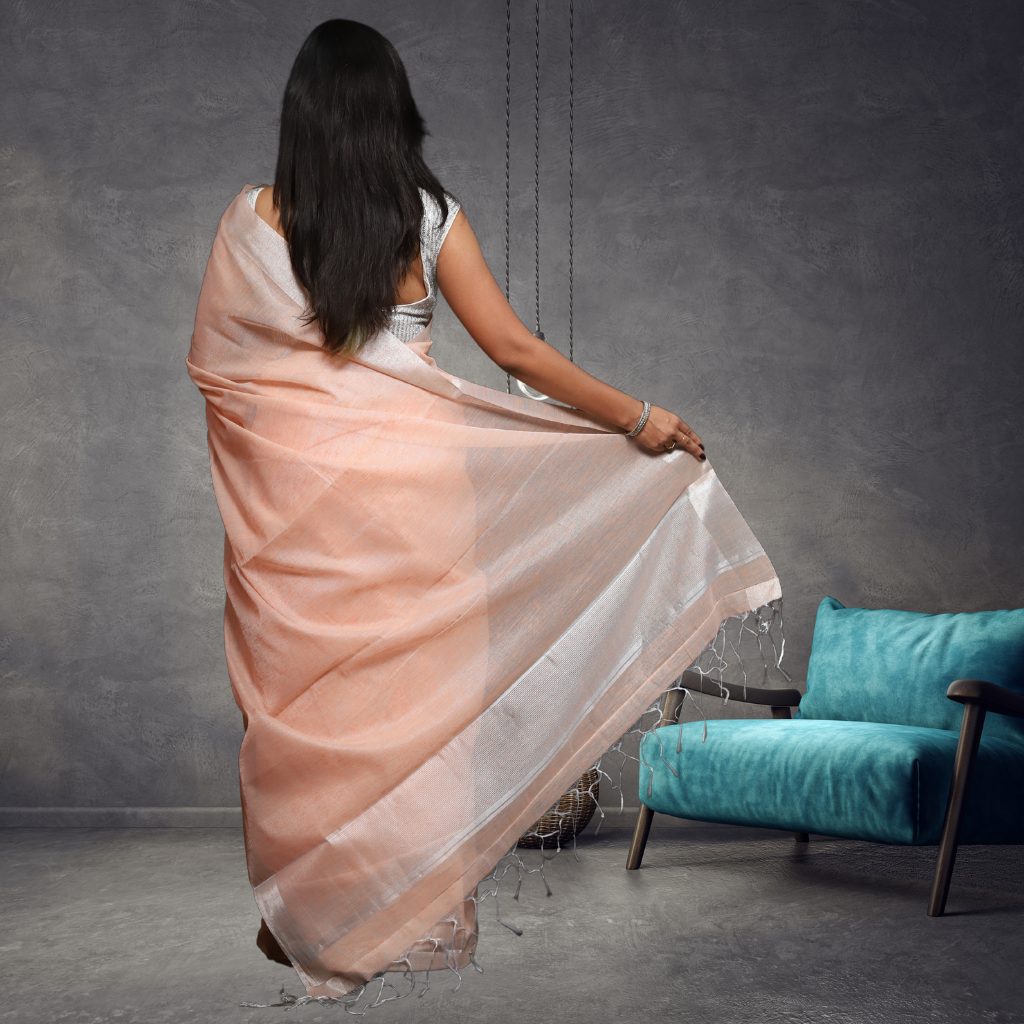 Tissue Linen Saree- Peach colour - Image 2