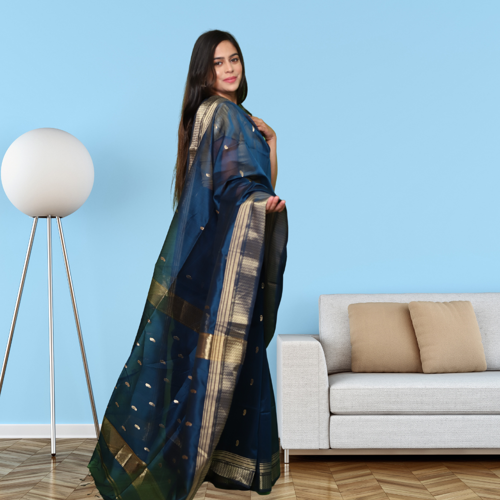 Maheshwari Silk by Cotton Saree with Bootie and Dark Blue colour - Image 4