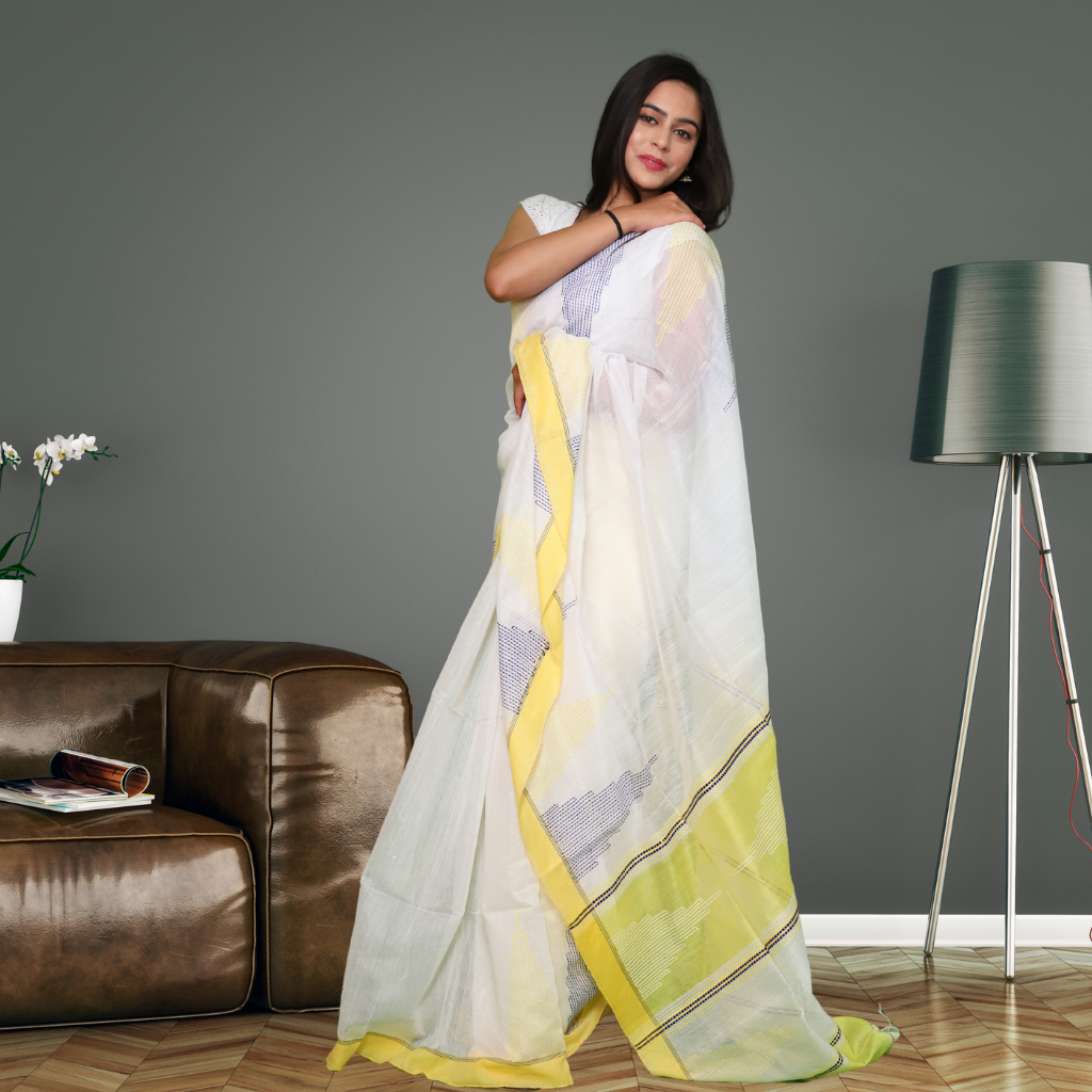 Handloom Cotton Silk saree -White colour - Image 3