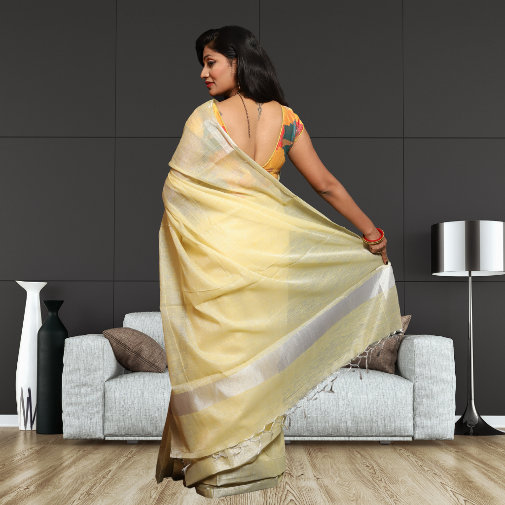 Tissue Linen Saree-Light Lemon colour - Image 4