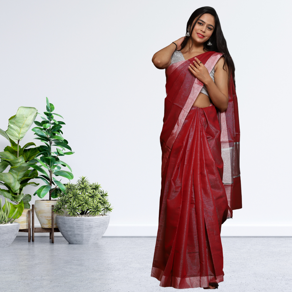 Tissue Linen Saree -Dark Red colour - Image 4