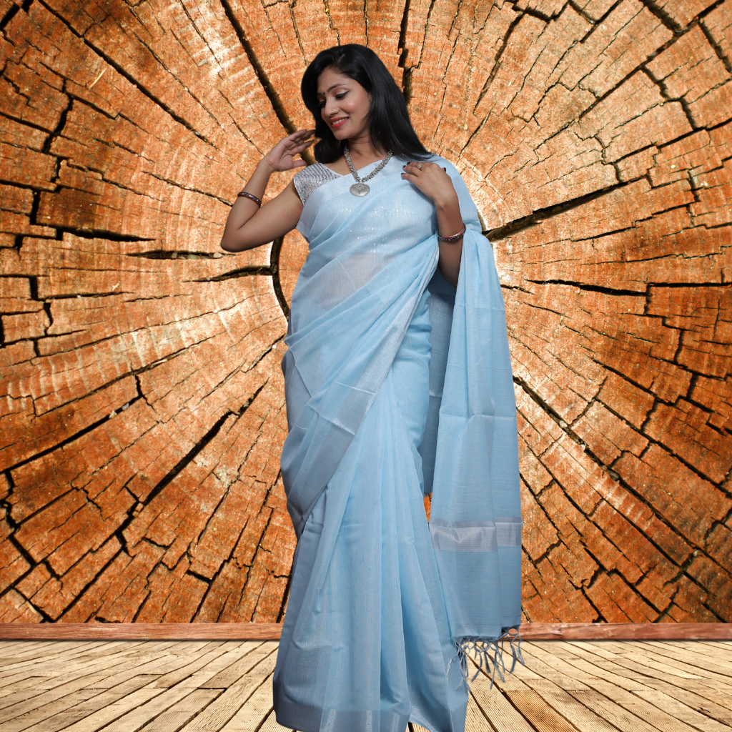 Tissue Linen Saree- Light Blue - Image 3