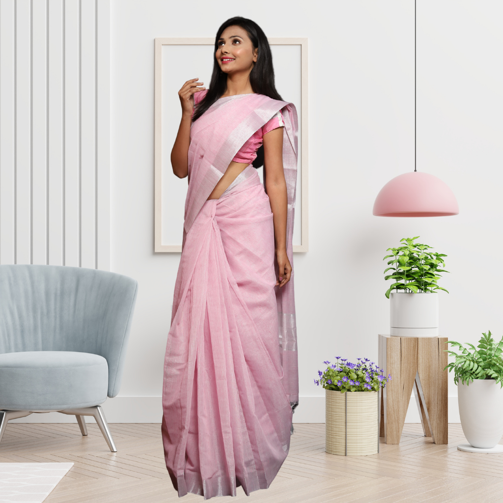 Tissue Linen Saree -Light Pink colour - Image 2