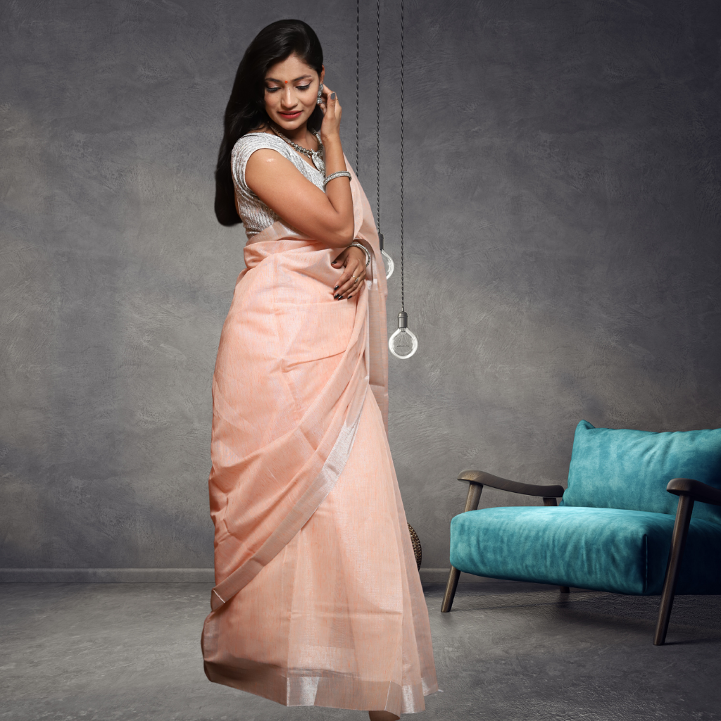 Tissue Linen Saree- Peach colour - Image 3