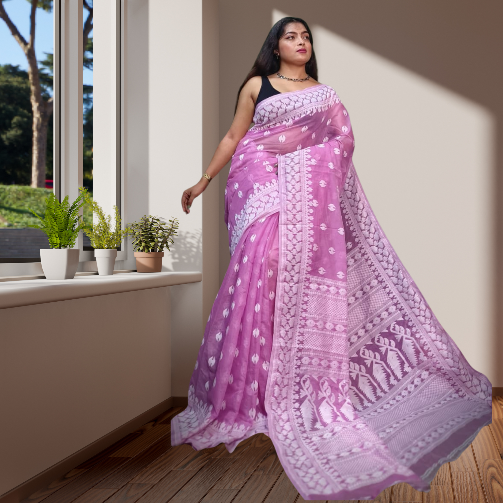 Jamdani Saree with Thread Work and Light Purple Colour