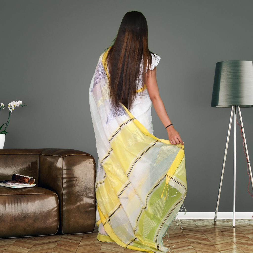 Handloom Cotton Silk saree -White colour - Image 4