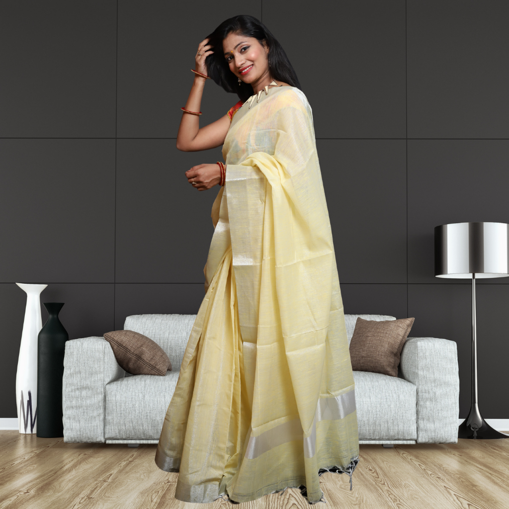 Tissue Linen Saree-Light Lemon colour - Image 2