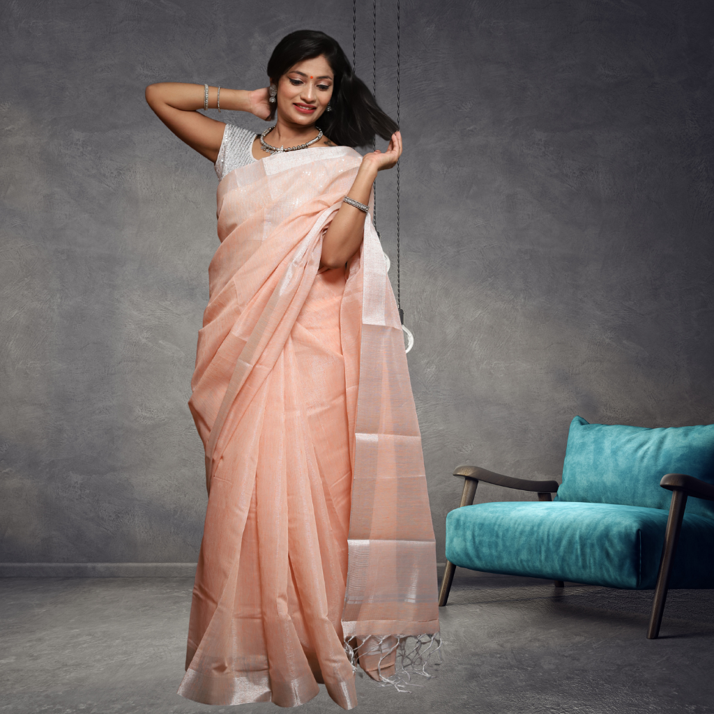 Tissue Linen Saree- Peach colour - Image 4