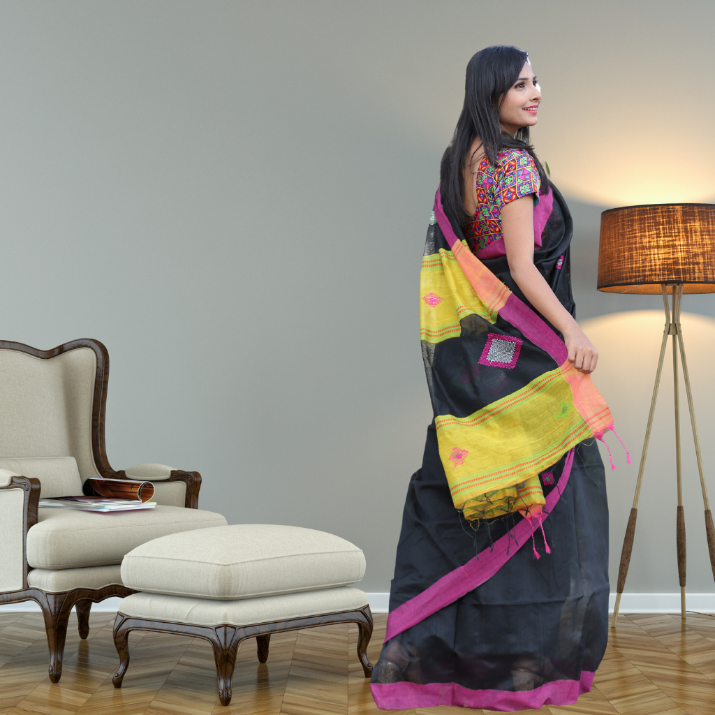Handloom Cotton Silk saree -Black colour - Image 3