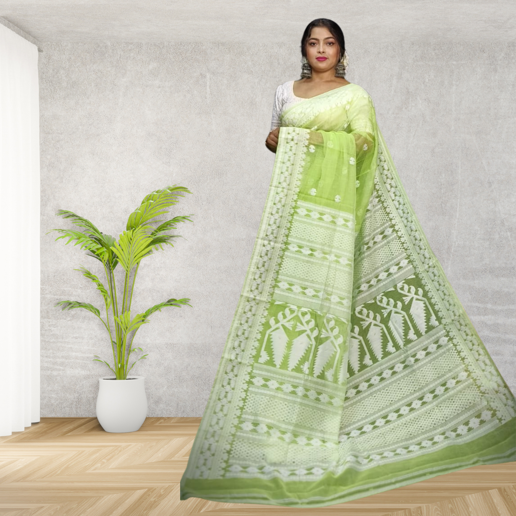 Jamdani Saree with Thread Work and Light Parrot Colour