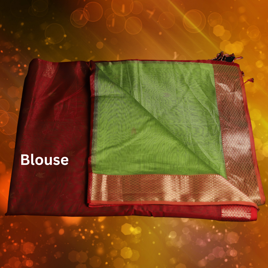 Maheshwari Silk by Cotton Arrow Bootie Parrot Green Saree - Image 5