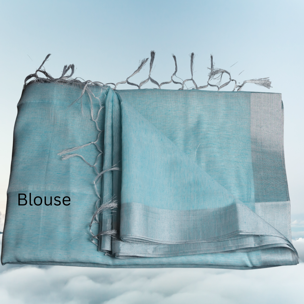 Tissue Linen Saree- Light Blue - Image 5